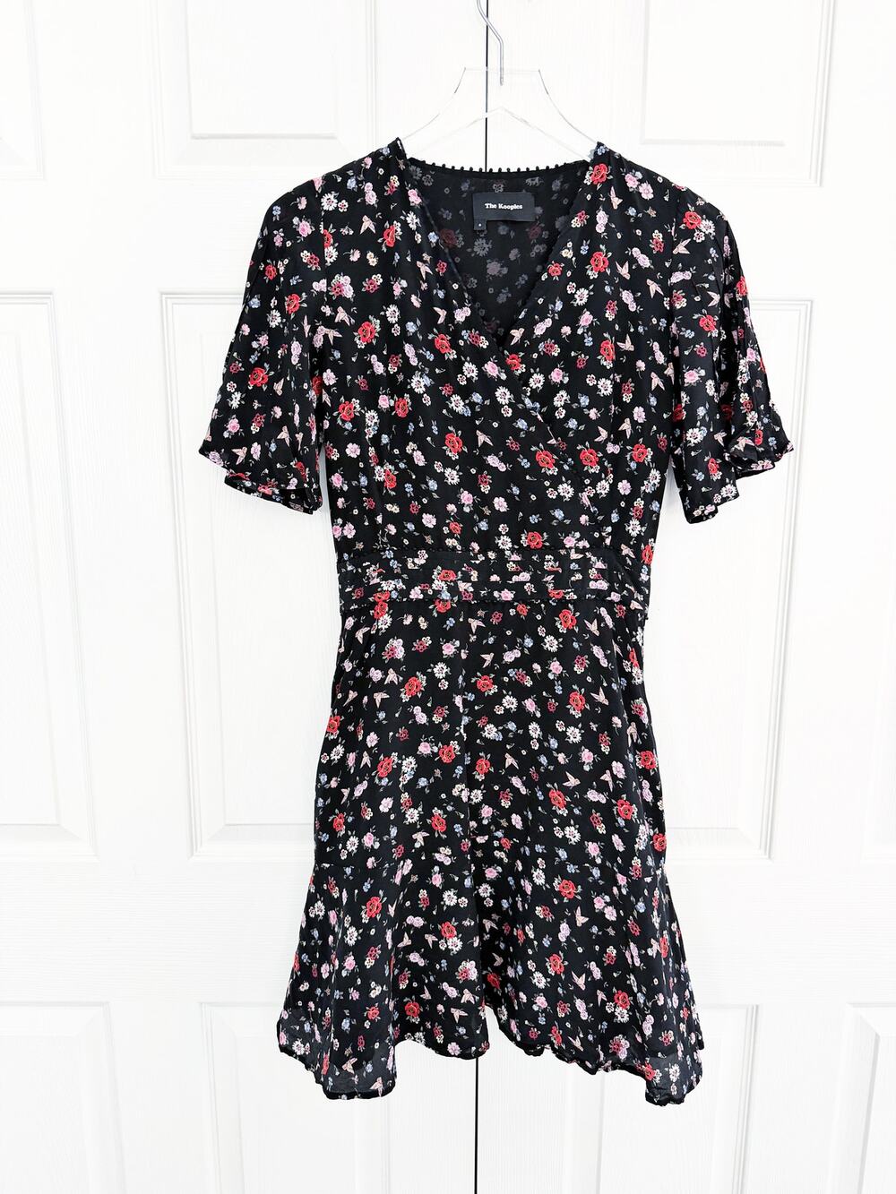 The Kooples Silk Mixed Floral Faux Wrap Dress Butterfly Print Romantic Whimsical